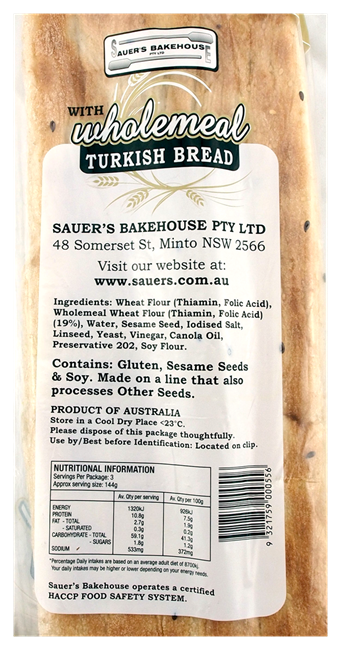 Picture of BREAD - SAUER'S WHOLEMEAL TURKISH BREAD