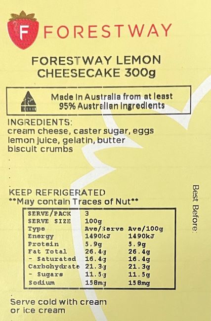 Picture of FORESTWAY LEMON CHEESECAKE 300g