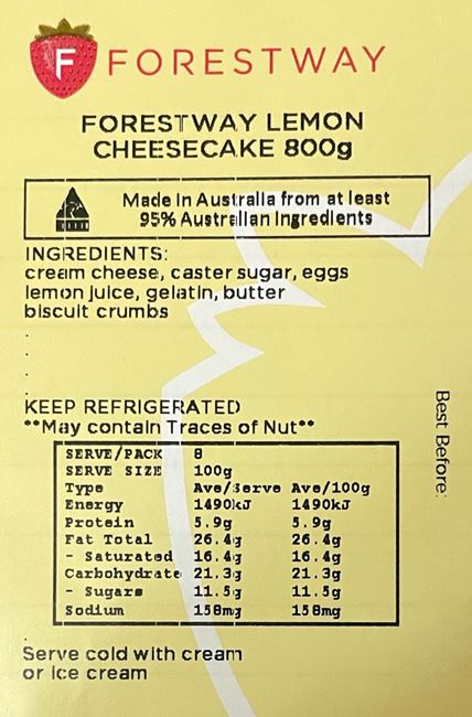 Picture of FORESTWAY LEMON CHEESECAKE 800g