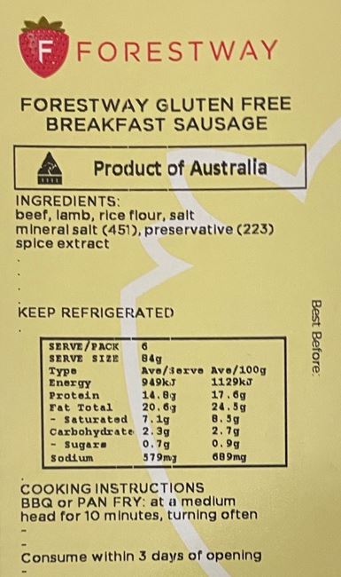 Picture of FORESTWAY BREAKFAST SAUSAGE - GF (5 PACK)